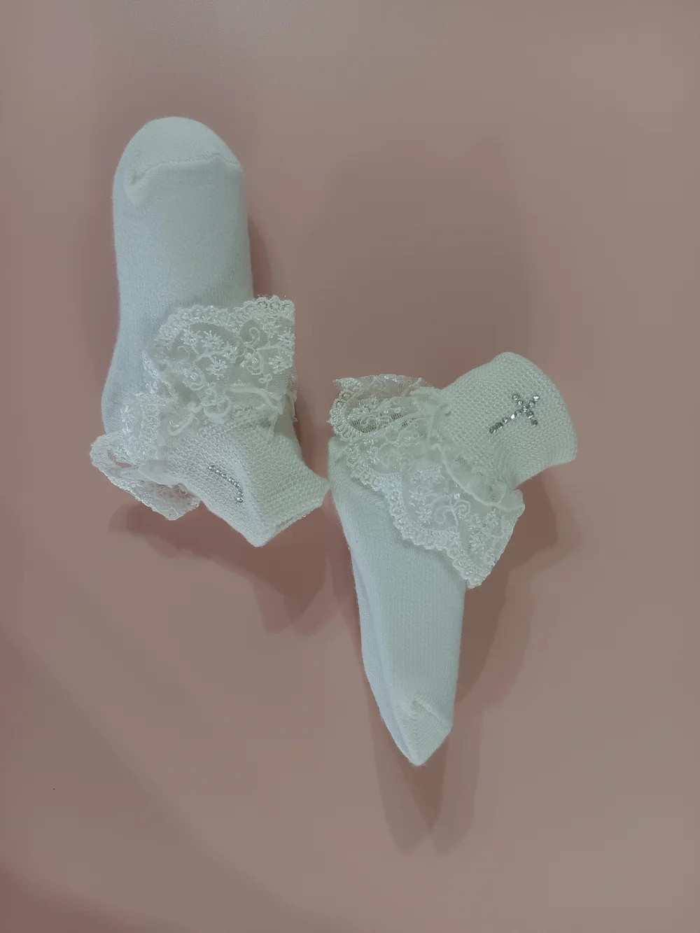 White Lace Ruffle Ankle Socks with Crystal Cross